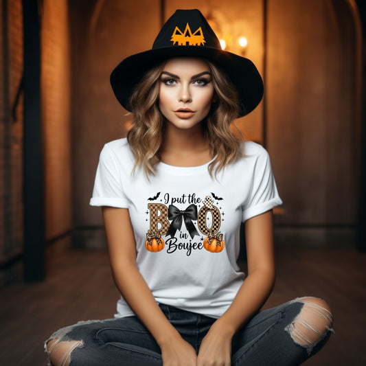 Fall-Themed Unisex Softstyle T-Shirt - 'I Put the BOO in Boujee', Halloween Shirt, Cute Autumn Apparel, Halloween Party Outfit, Gift for Her