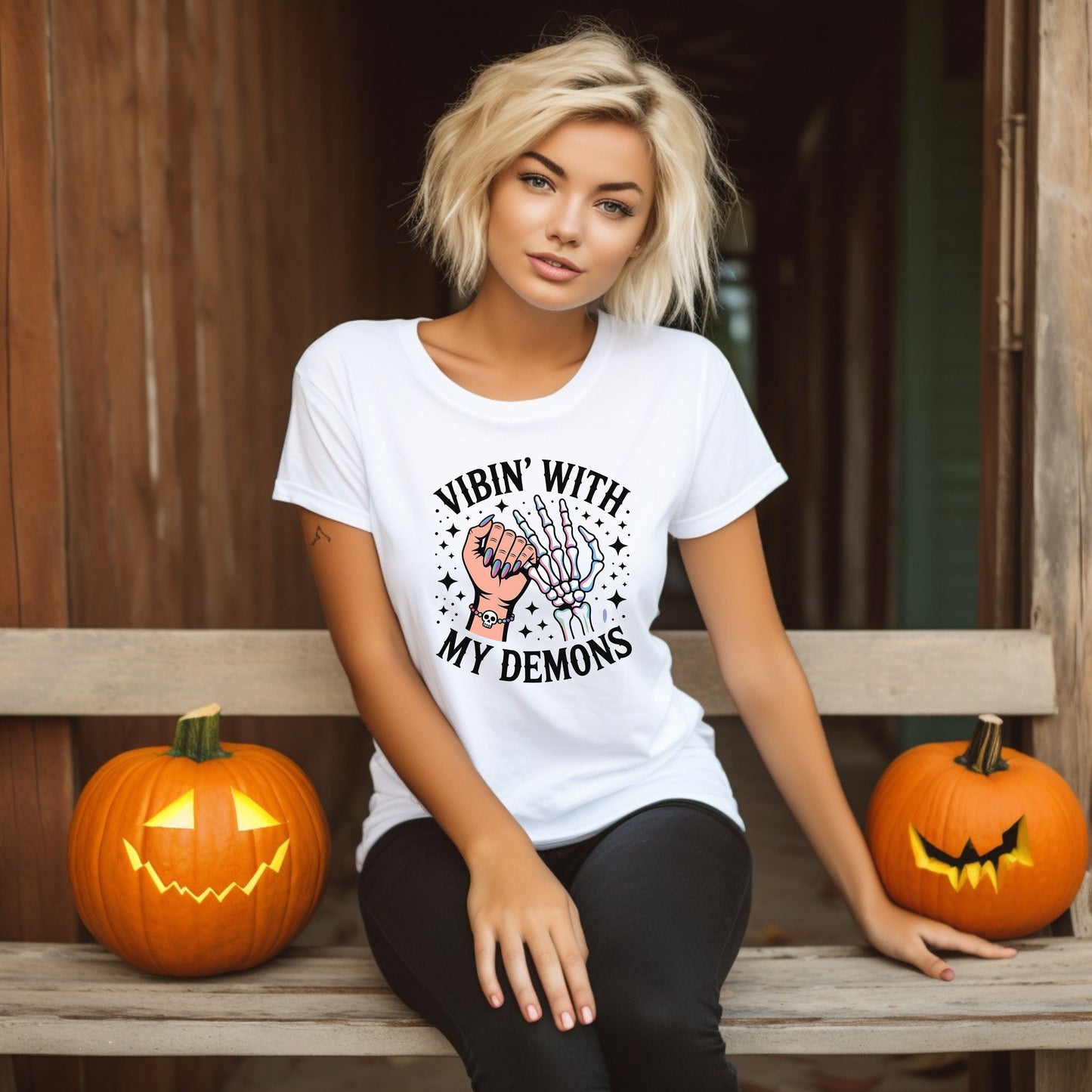 Unisex Skeleton Graphic Tee - Vibin' with My Demons, Trendy Halloween Shirt, Vintage Style Unisex T-Shirt, Casual Everyday Wear, [...]