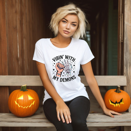 Unisex Skeleton Graphic Tee - Vibin' with My Demons, Trendy Halloween Shirt, Vintage Style Unisex T-Shirt, Casual Everyday Wear, [...]