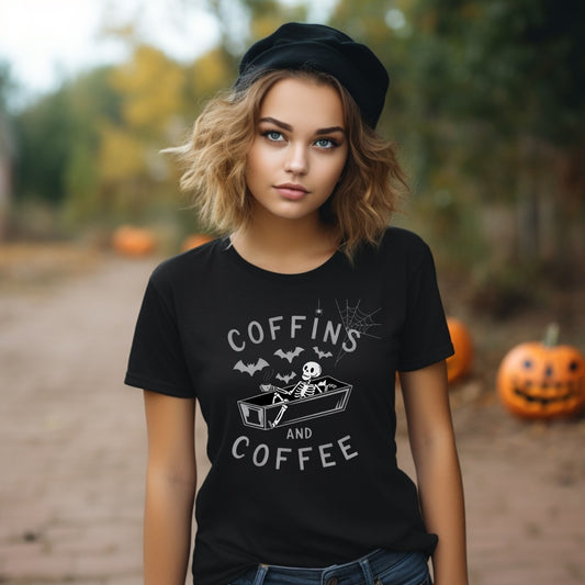Coffins and Coffee T-Shirt, Unisex Halloween Tee, Spooky Softstyle Shirt, Gift for Coffee Lovers, Fun Casual Wear