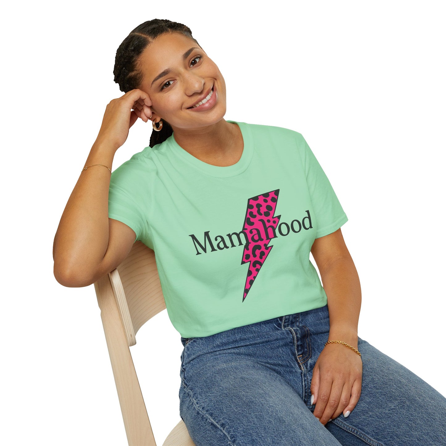 Mamahood Softstyle T-Shirt - Trendy Tee with Pink Lightning and Leopard Print