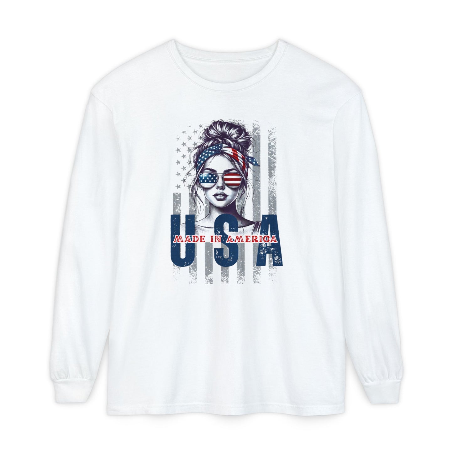 USA Themed Long Sleeve T-Shirt - Made in America, Patriotic Apparel, Independence Day Shirt, Americana Fashion, Unisex Casual Wear