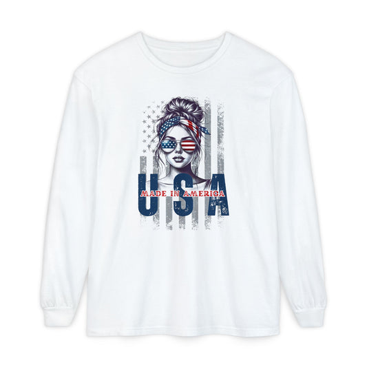 USA Themed Long Sleeve T-Shirt - Made in America, Patriotic Apparel, Independence Day Shirt, Americana Fashion, Unisex Casual Wear