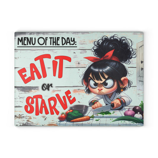 Eat It or Starve Glass Cutting Board, Funny Kitchen Decor, Gift for Chefs, Punny Cooking Board, Kitchen Humor Gift