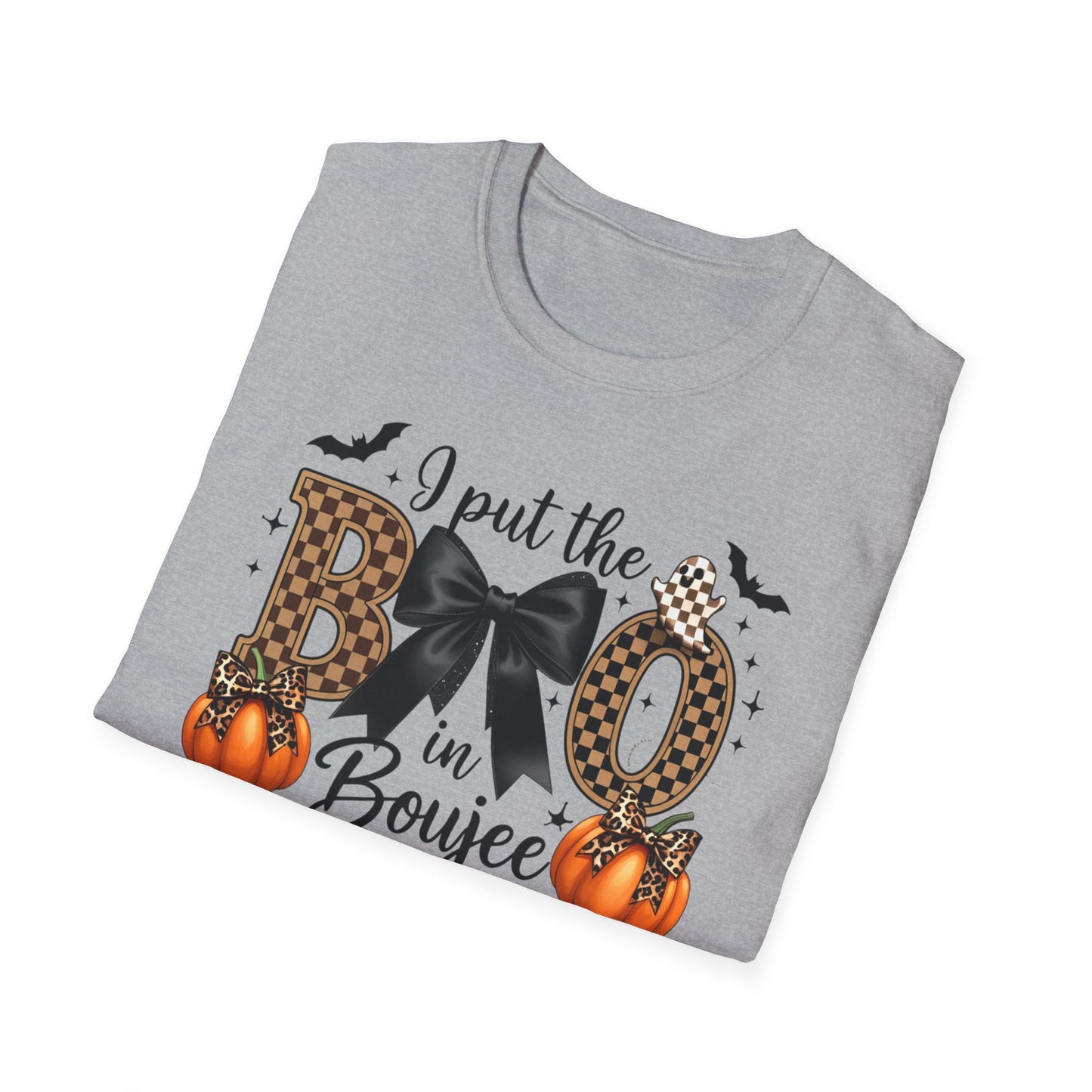 Fall-Themed Unisex Softstyle T-Shirt - 'I Put the BOO in Boujee', Halloween Shirt, Cute Autumn Apparel, Halloween Party Outfit, Gift for Her