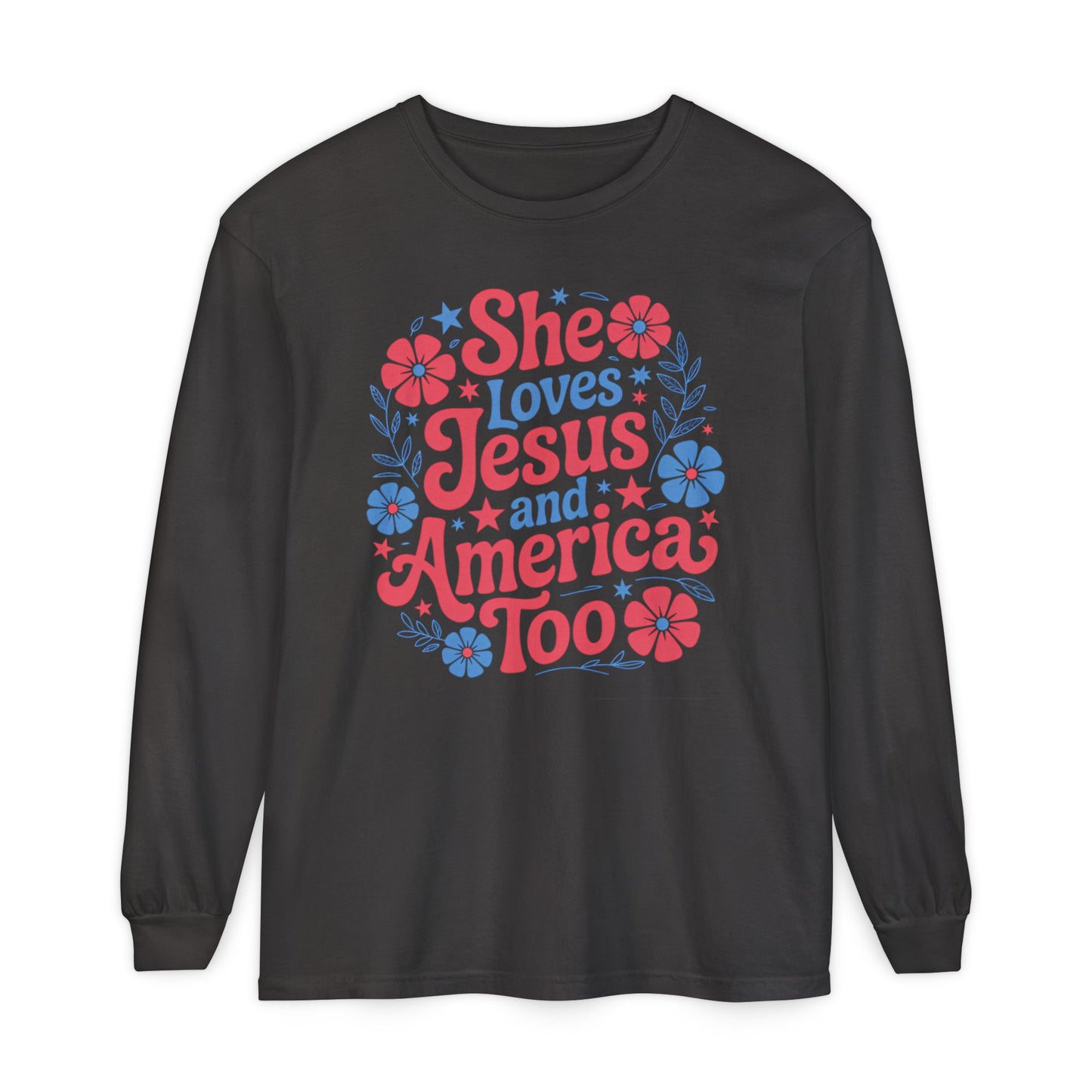 Long Sleeve T-Shirt, Faith-Inspired Apparel, Christ & Country Lifestyle, Perfect for Church Groups, Patriotic Gifts, Women's Fashion