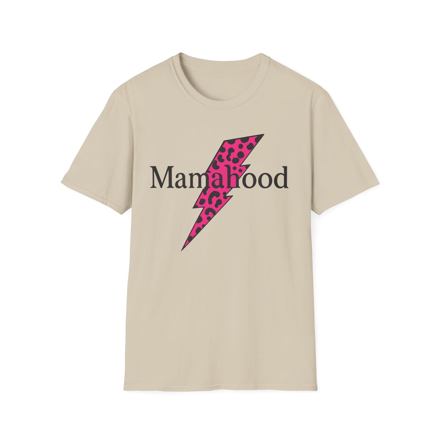 Mamahood Softstyle T-Shirt - Trendy Tee with Pink Lightning and Leopard Print