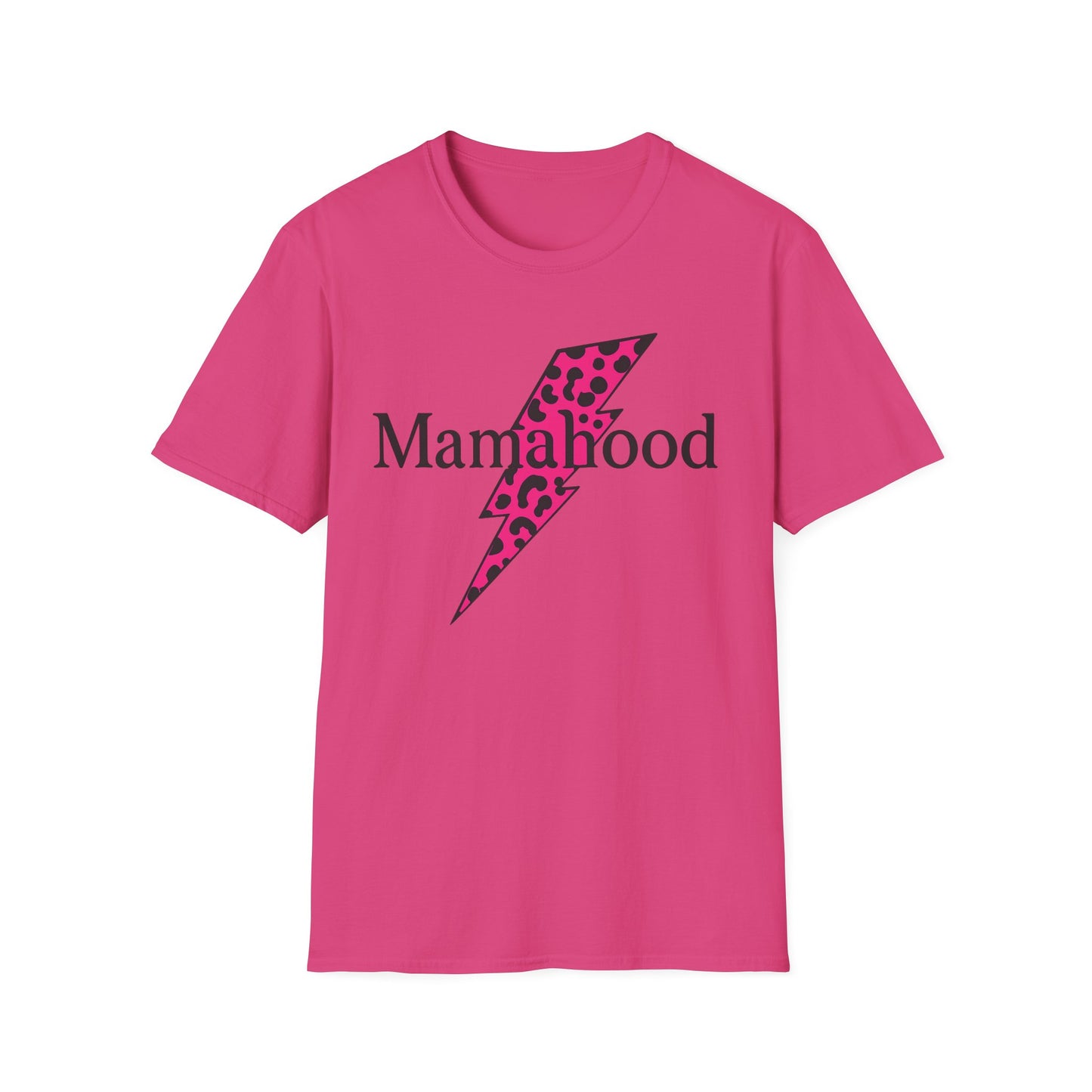 Mamahood Softstyle T-Shirt - Trendy Tee with Pink Lightning and Leopard Print