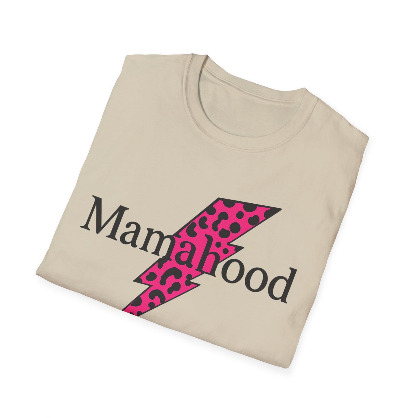 Mamahood Softstyle T-Shirt - Trendy Tee with Pink Lightning and Leopard Print