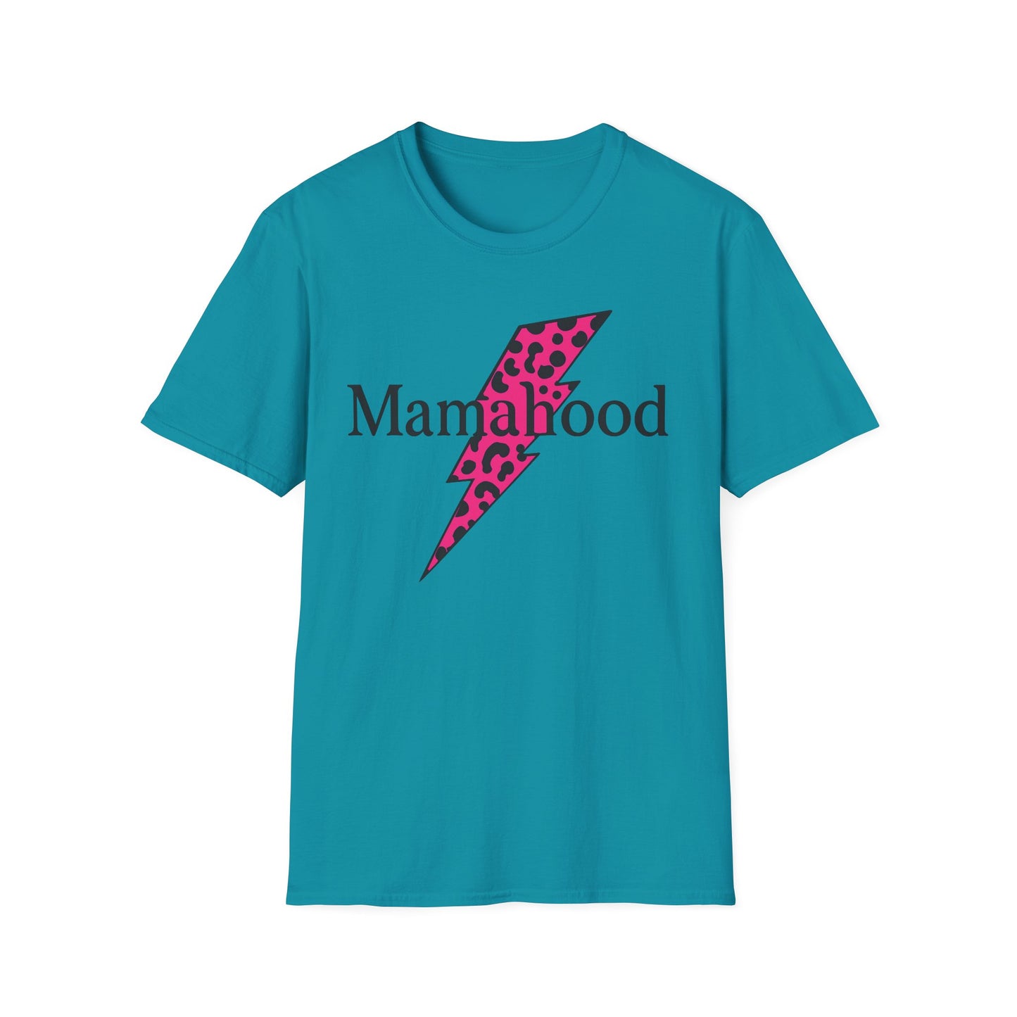 Mamahood Softstyle T-Shirt - Trendy Tee with Pink Lightning and Leopard Print