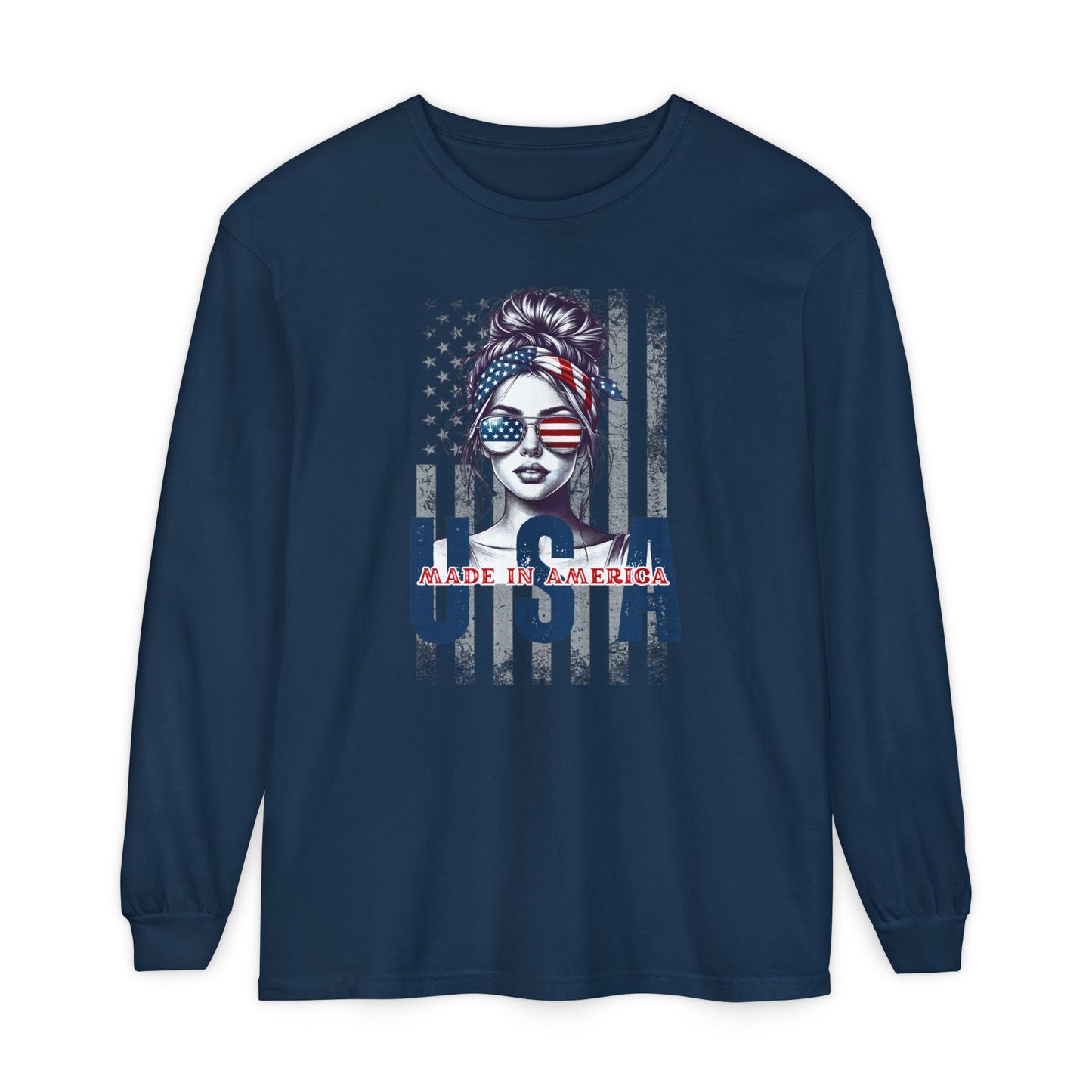USA Themed Long Sleeve T-Shirt - Made in America, Patriotic Apparel, Independence Day Shirt, Americana Fashion, Unisex Casual Wear
