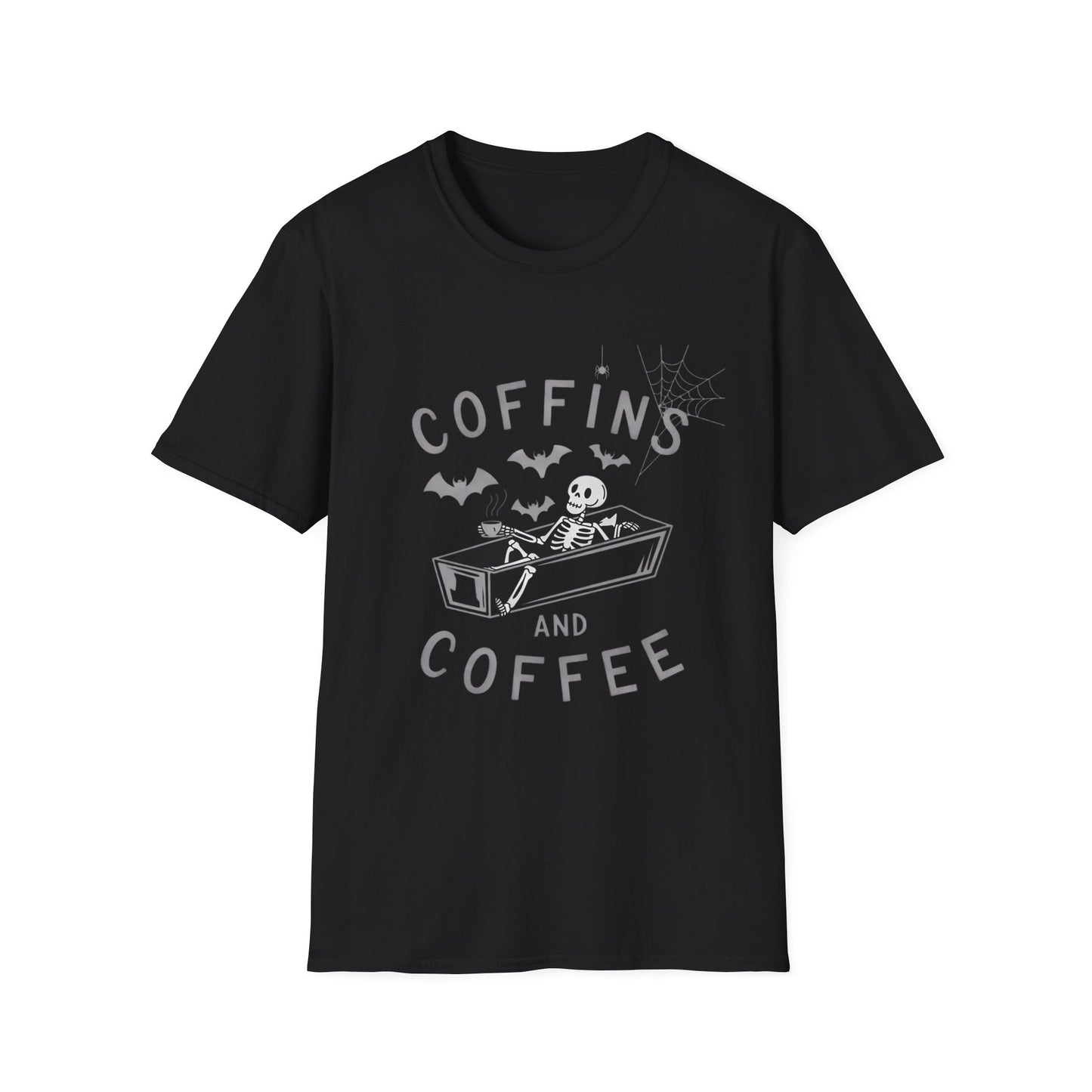 Coffins and Coffee T-Shirt, Unisex Halloween Tee, Spooky Softstyle Shirt, Gift for Coffee Lovers, Fun Casual Wear