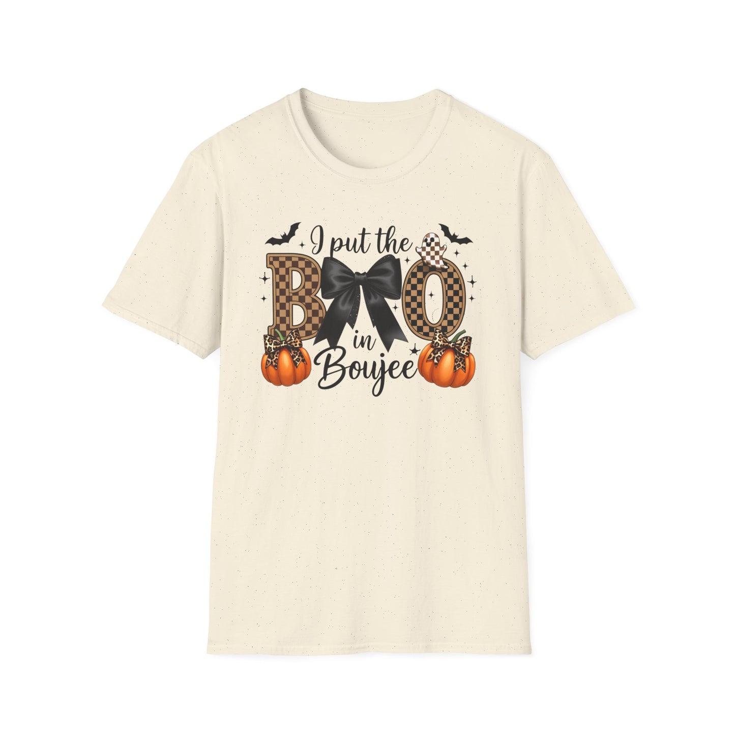 Fall-Themed Unisex Softstyle T-Shirt - 'I Put the BOO in Boujee', Halloween Shirt, Cute Autumn Apparel, Halloween Party Outfit, Gift for Her