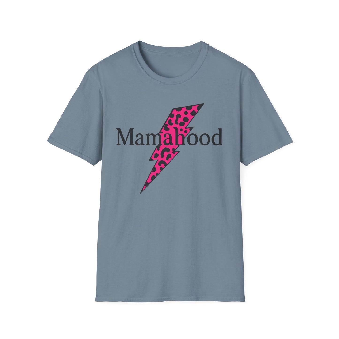 Mamahood Softstyle T-Shirt - Trendy Tee with Pink Lightning and Leopard Print