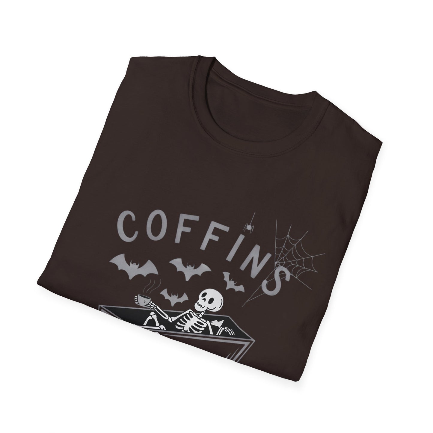 Coffins and Coffee T-Shirt, Unisex Halloween Tee, Spooky Softstyle Shirt, Gift for Coffee Lovers, Fun Casual Wear