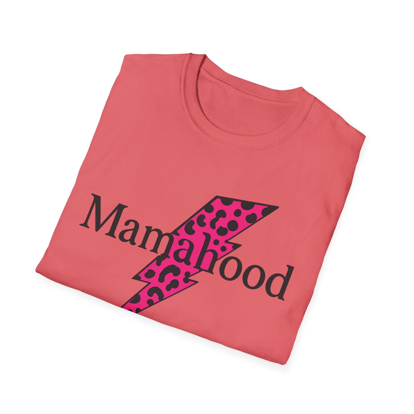 Mamahood Softstyle T-Shirt - Trendy Tee with Pink Lightning and Leopard Print