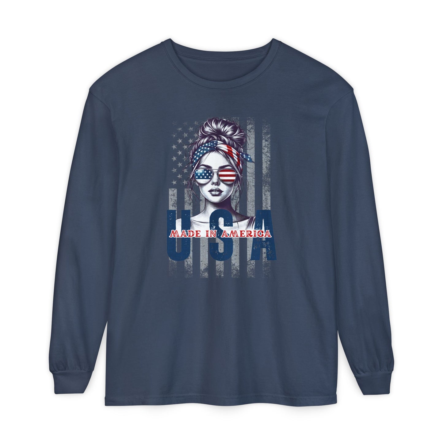 USA Themed Long Sleeve T-Shirt - Made in America, Patriotic Apparel, Independence Day Shirt, Americana Fashion, Unisex Casual Wear