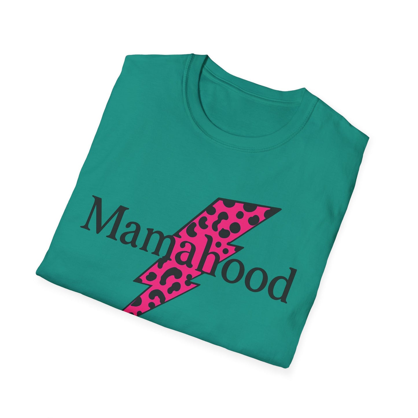 Mamahood Softstyle T-Shirt - Trendy Tee with Pink Lightning and Leopard Print