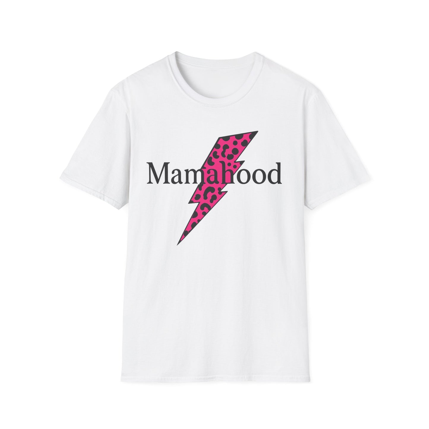 Mamahood Softstyle T-Shirt - Trendy Tee with Pink Lightning and Leopard Print