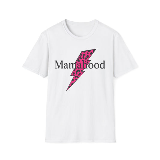 Mamahood Softstyle T-Shirt - Trendy Tee with Pink Lightning and Leopard Print