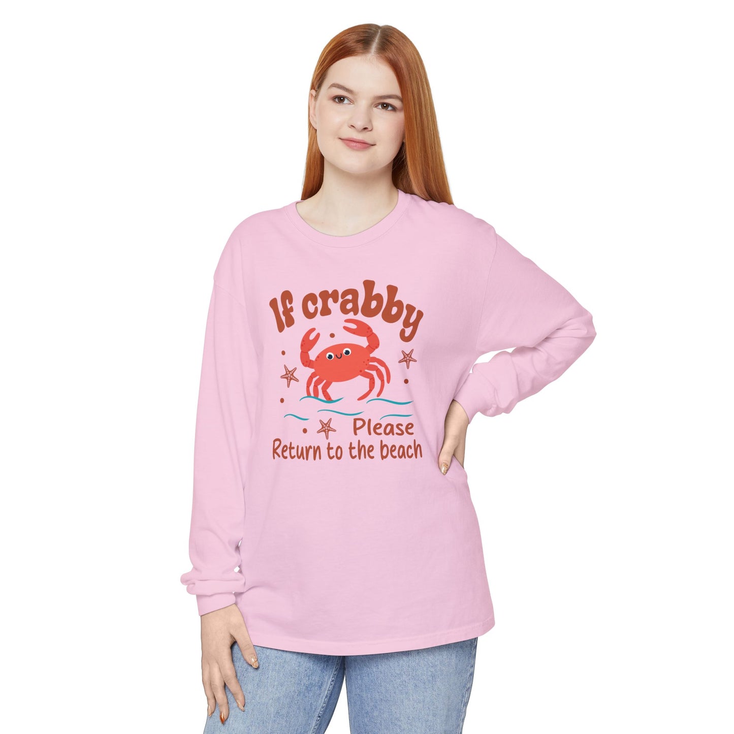 Beach Vibes Long Sleeve T-Shirt, If Crabby Please Return to the Beach Shirt, Summer Casual Wear, Gift for Beach Lovers, Coastal Humor Tee