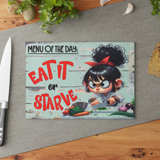 Eat It or Starve Glass Cutting Board, Funny Kitchen Decor, Gift for Chefs, Punny Cooking Board, Kitchen Humor Gift