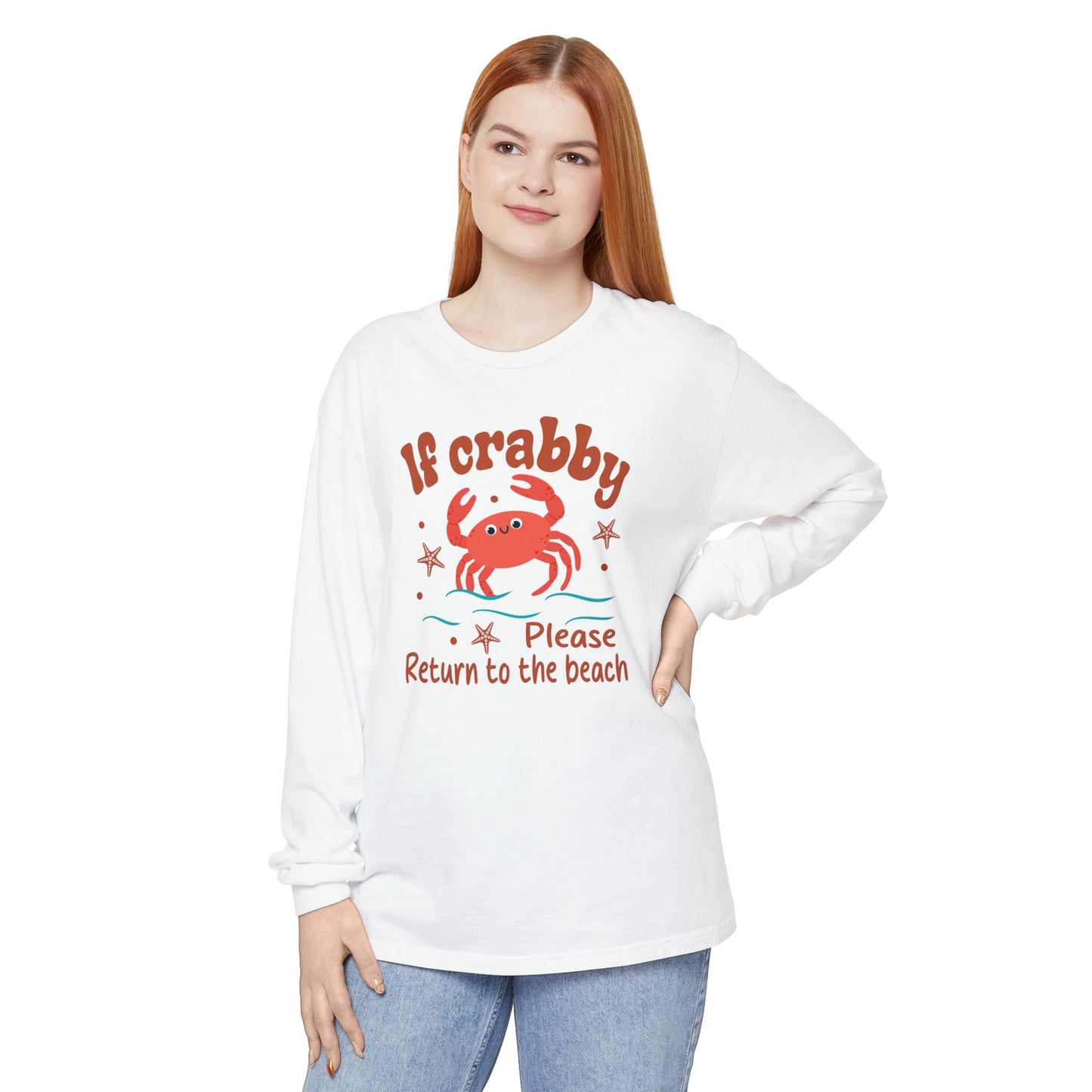 Beach Vibes Long Sleeve T-Shirt, If Crabby Please Return to the Beach Shirt, Summer Casual Wear, Gift for Beach Lovers, Coastal Humor Tee