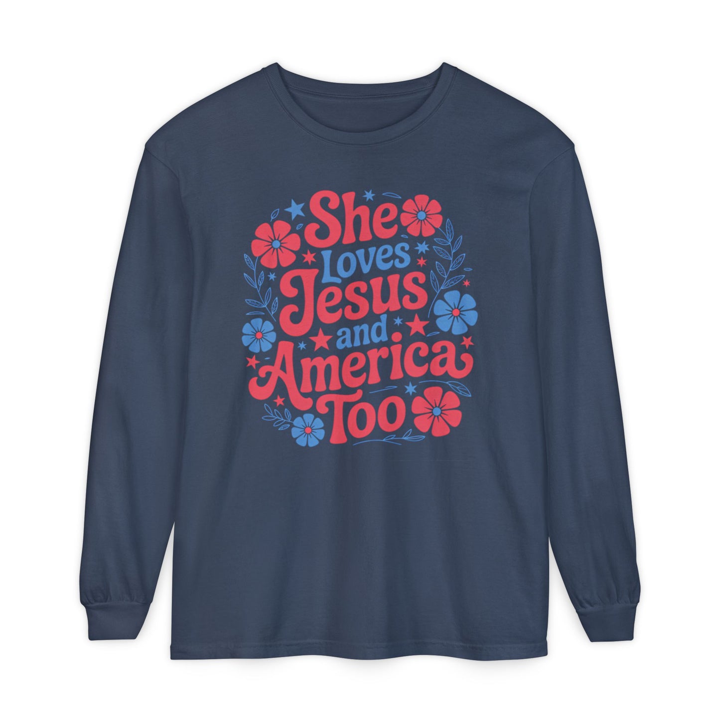 Long Sleeve T-Shirt, Faith-Inspired Apparel, Christ & Country Lifestyle, Perfect for Church Groups, Patriotic Gifts, Women's Fashion