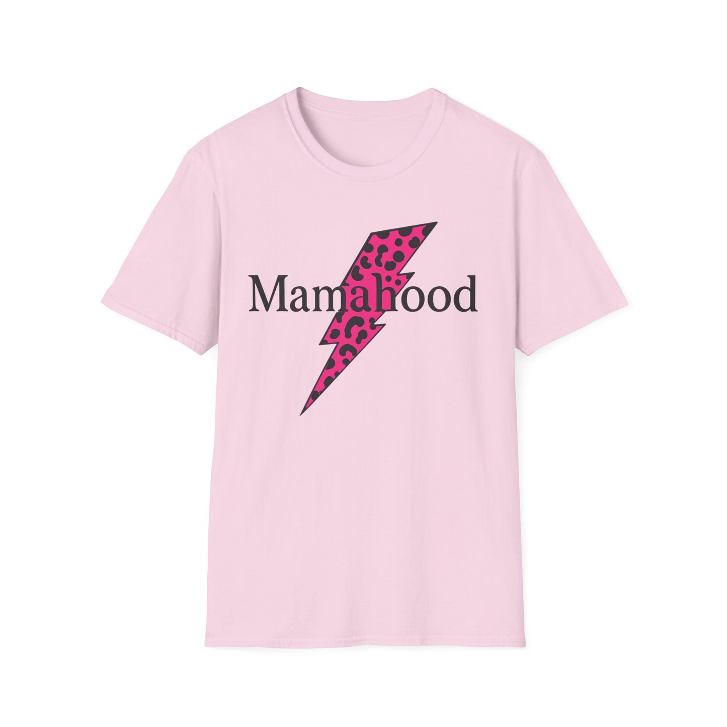 Mamahood Softstyle T-Shirt - Trendy Tee with Pink Lightning and Leopard Print