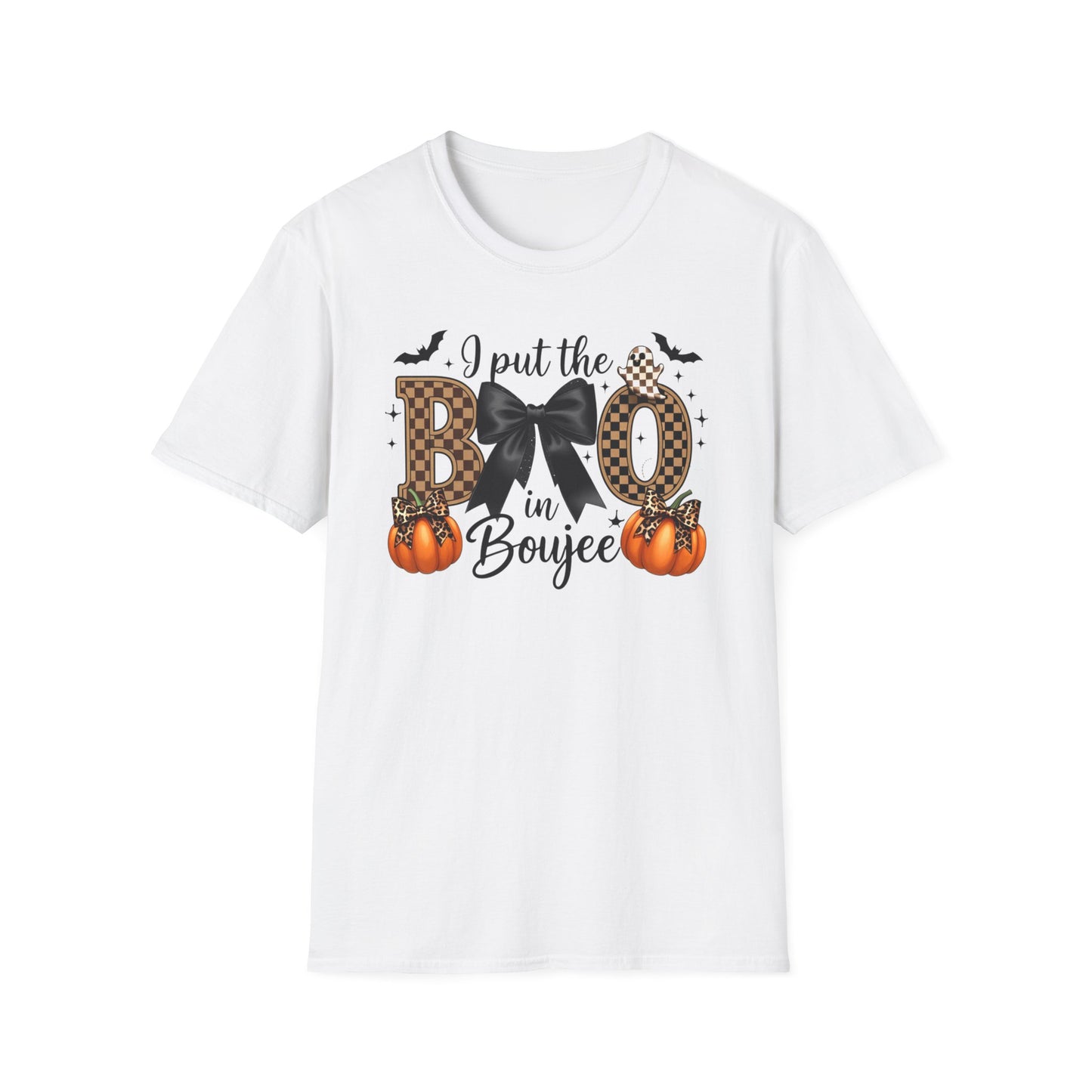 Fall-Themed Unisex Softstyle T-Shirt - 'I Put the BOO in Boujee', Halloween Shirt, Cute Autumn Apparel, Halloween Party Outfit, Gift for Her