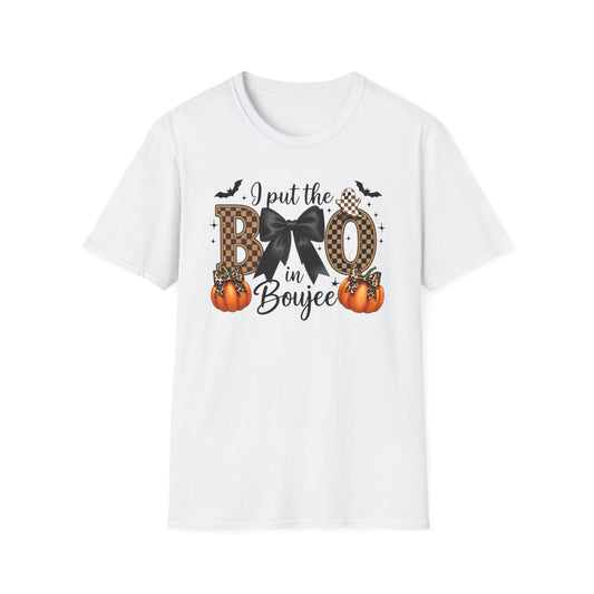 Fall-Themed Unisex Softstyle T-Shirt - 'I Put the BOO in Boujee', Halloween Shirt, Cute Autumn Apparel, Halloween Party Outfit, Gift for Her
