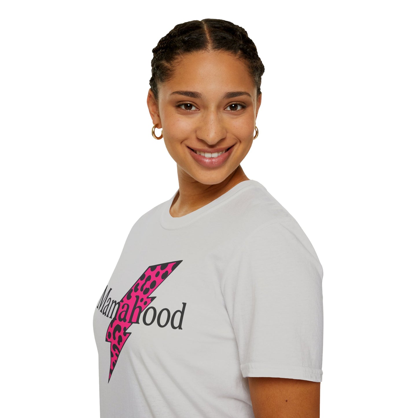 Mamahood Softstyle T-Shirt - Trendy Tee with Pink Lightning and Leopard Print