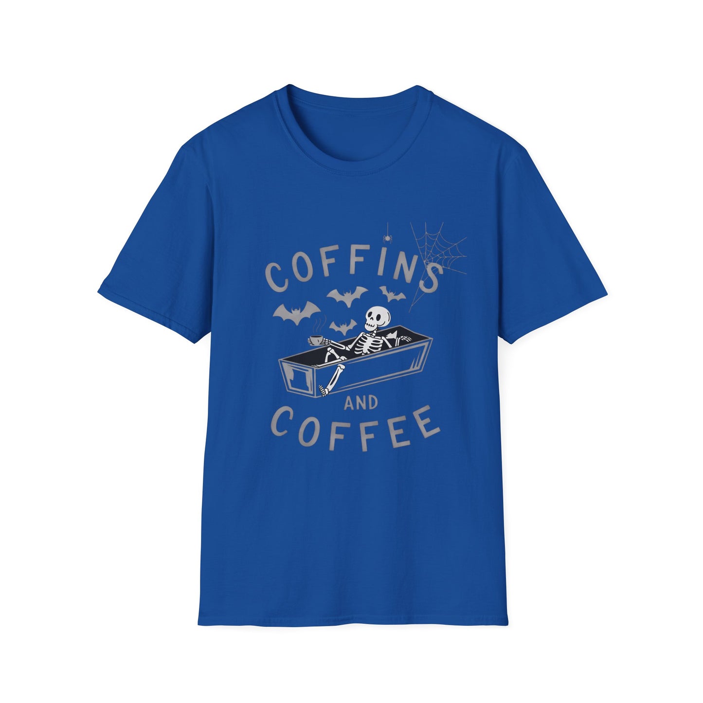 Coffins and Coffee T-Shirt, Unisex Halloween Tee, Spooky Softstyle Shirt, Gift for Coffee Lovers, Fun Casual Wear