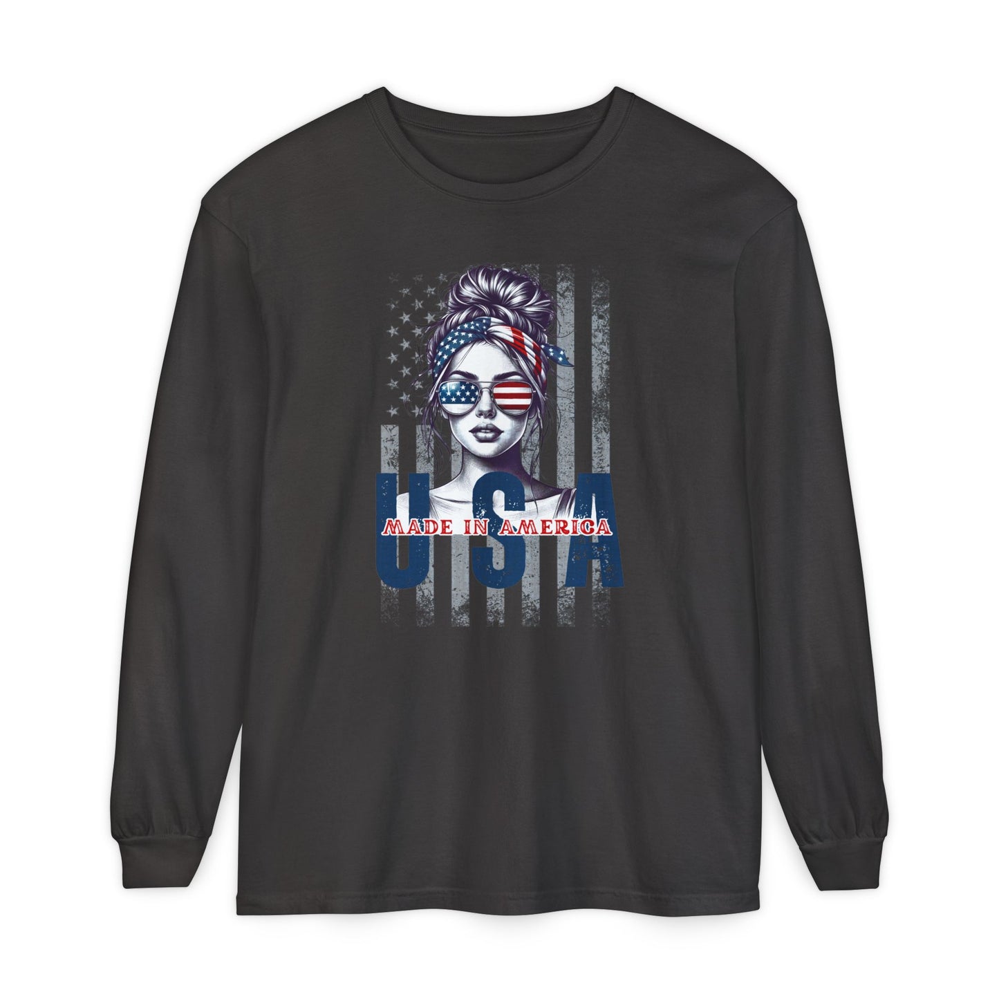 USA Themed Long Sleeve T-Shirt - Made in America, Patriotic Apparel, Independence Day Shirt, Americana Fashion, Unisex Casual Wear
