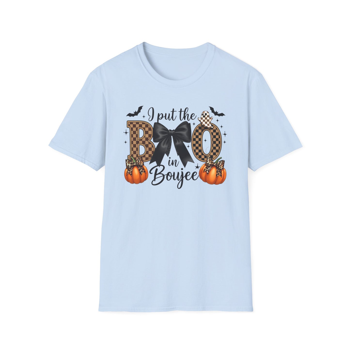 Fall-Themed Unisex Softstyle T-Shirt - 'I Put the BOO in Boujee', Halloween Shirt, Cute Autumn Apparel, Halloween Party Outfit, Gift for Her