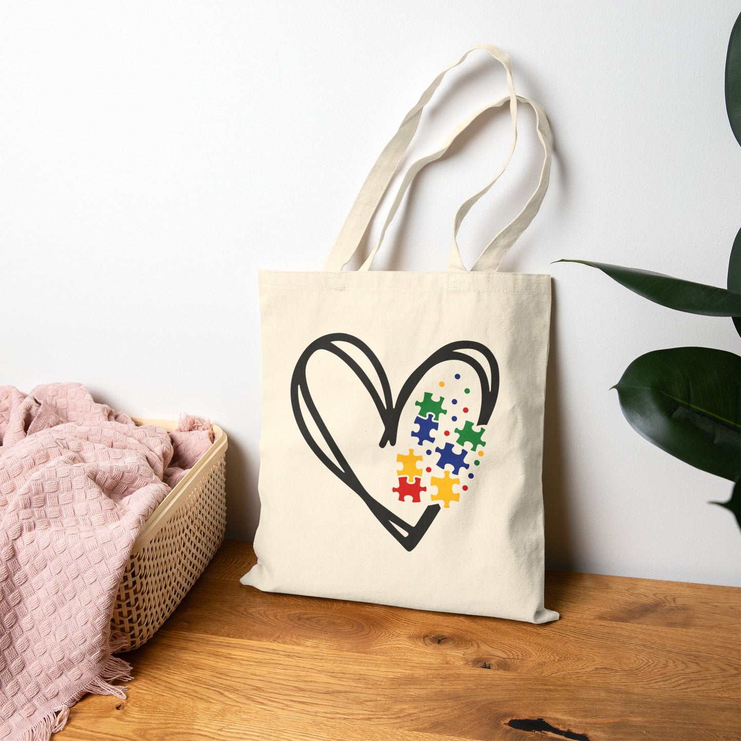 Autism Support, Heart Puzzle Love Cotton Canvas Tote Bag, Eco-Friendly Shopper, Gift for Puzzle Lovers, Cute Everyday Bag, Wedding Favor, Art Supplies Tote